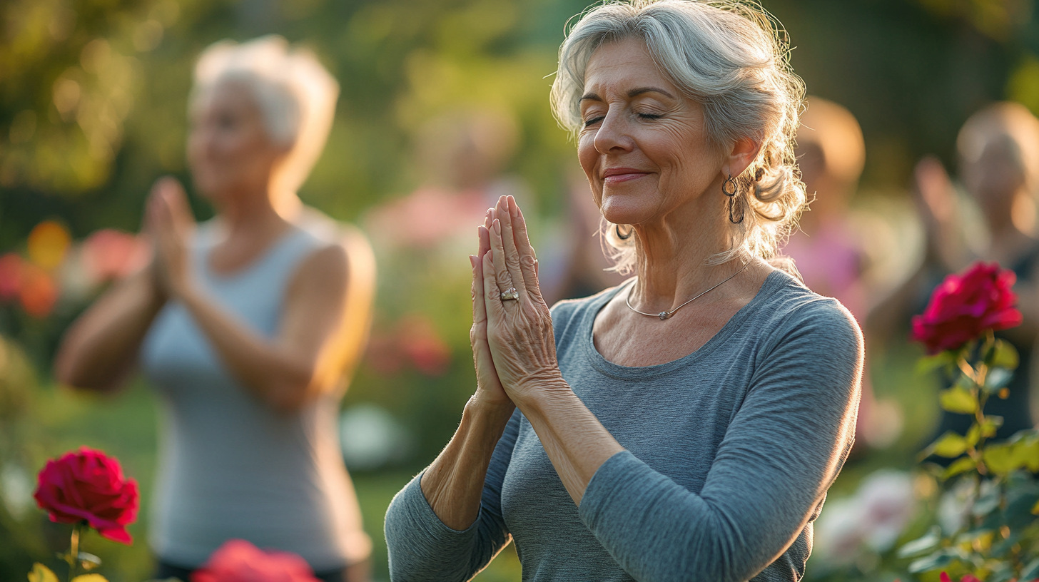 Інструктор допомагає літній жінці виконувати асану йоги